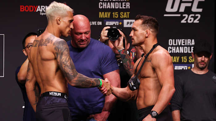 Charles Oliveira and Michael Chandler during weigh ins for UFC 262 at George R Brown Convention Center.